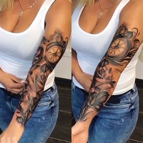 The Woman Is Showing Off Her Arm With Tattoos On It