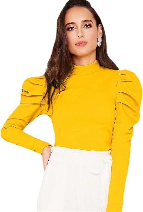 buy floerns womens mock neck puff sleeve blouse tops mustard yellow   amazonin