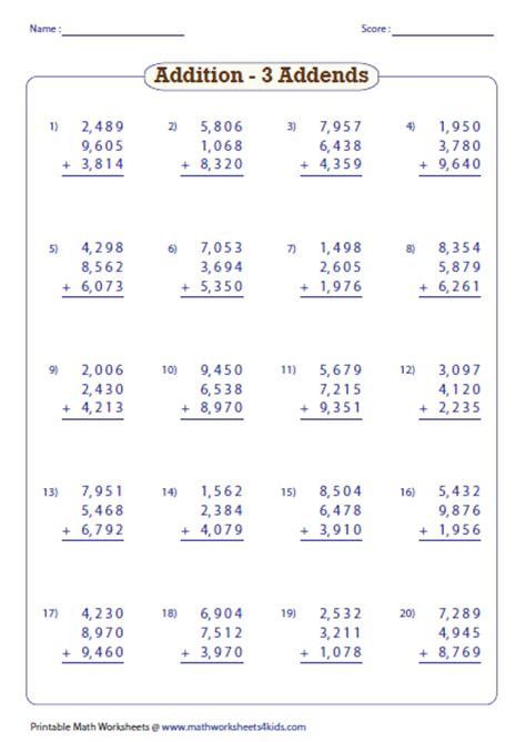 adding large numbers worksheets