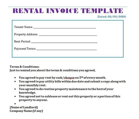printable rent invoice template word invoice template word