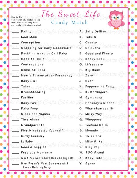 printable candy bar game baby shower   candy baby shower