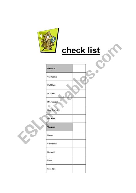 english worksheets clue game checklist  printables items