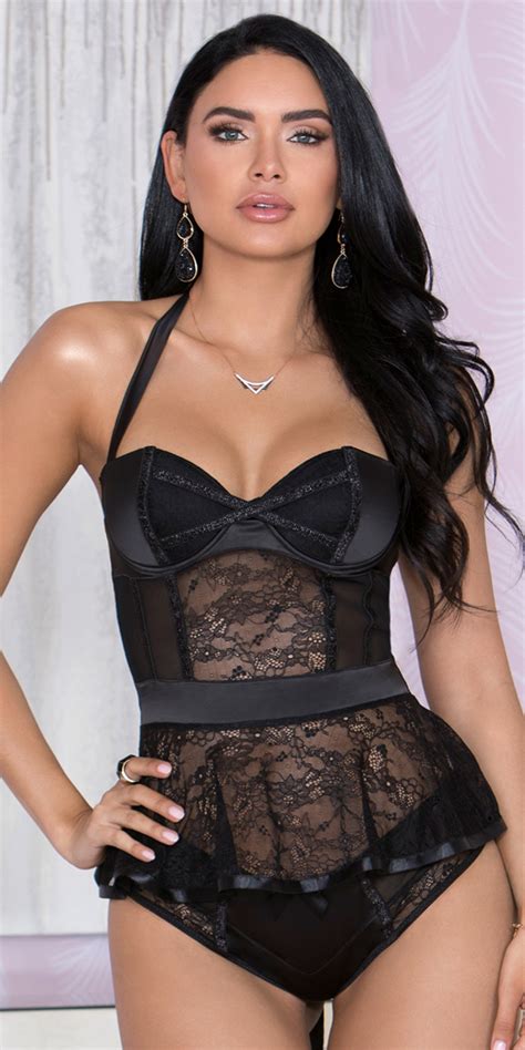 Black Stretch Satin Lace And Mesh Belted Bustier Sexy Women S