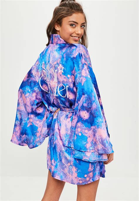 lyst missguided blue satin galaxy robe in blue