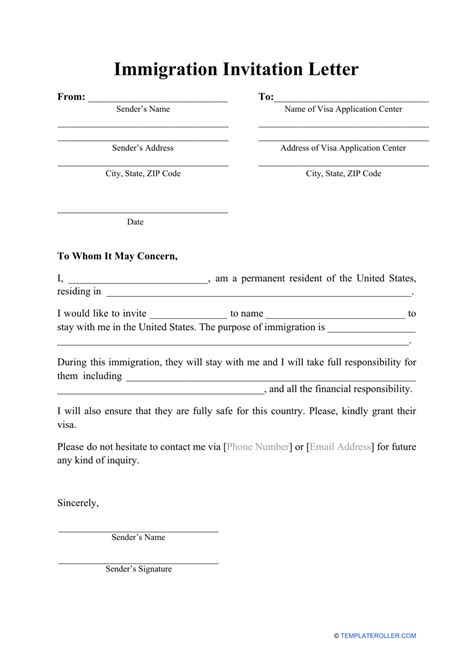 immigration invitation letter template  printable