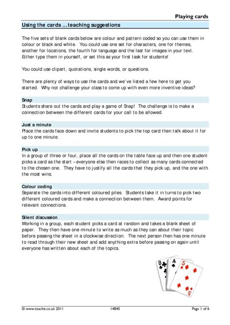playing cards template ks  teachit