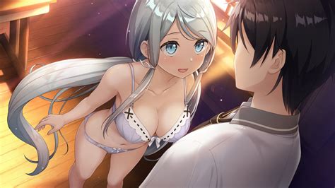 blue eyes blush bra breasts cleavage cube game cg gray