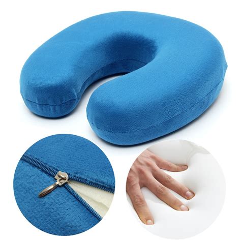 Blue Soft Velour Memory Foam U Shape Pillow Comfort Washable Neck