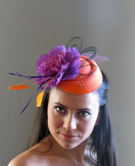 Orange Fascinator Purple Flower Wedding Hat Yulia Orange Peel