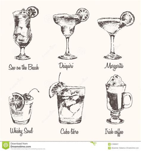set cocktail margarita whiskey drawn sketch vector stock vector image 57889607