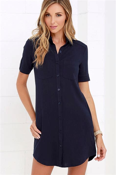 cute navy blue dress shirt dress button  dress collared dress  lulus