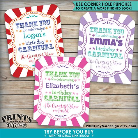carnival birthday tags birthday party favors treat goodie bags