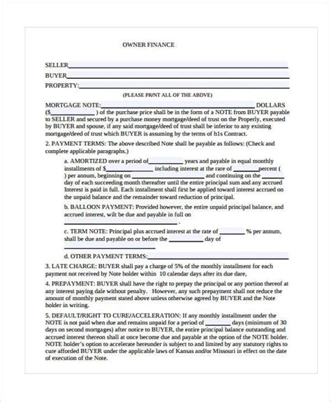 printable owner financing contract template printable templates