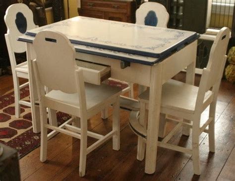 vintage ca  art deco enamel porcelain top table blue white   chairs vintage
