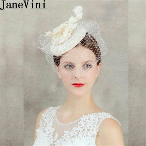 Janevini Vintage Women Lace Wedding Hat Flowers Mesh Face Veil Pearl