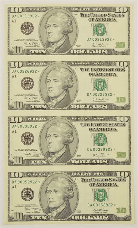 rare uncut sheet  ten dollar bill choice unc  cut