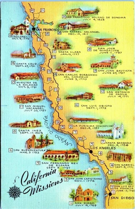california missions  rt  pacific highway map linen postcard