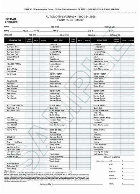 auto repair estimate form  unique  printable auto body repair