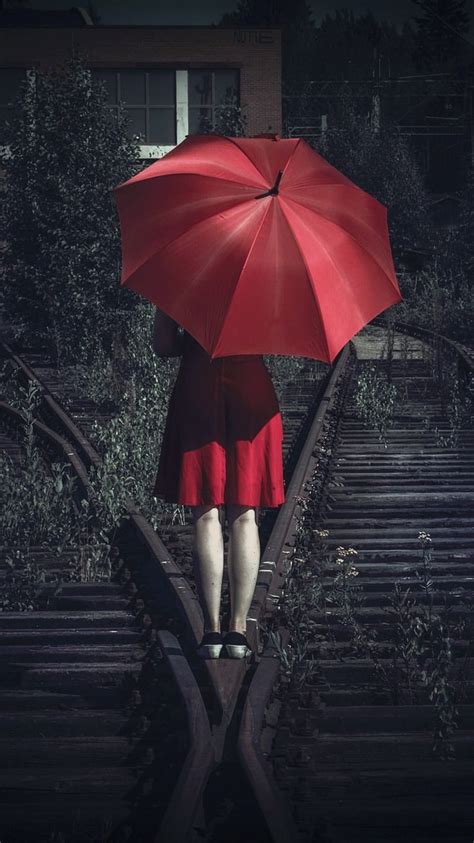 720p Free Download Girl With Umbrella Girl Red Umbrella Railway