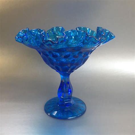 Aquamarine Blue Pedestal Ruffled Glass Bowl Centerpiece Glass Bowl