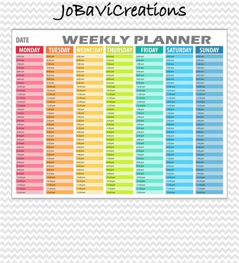 hourly weekly schedule printable hourly weekly planner