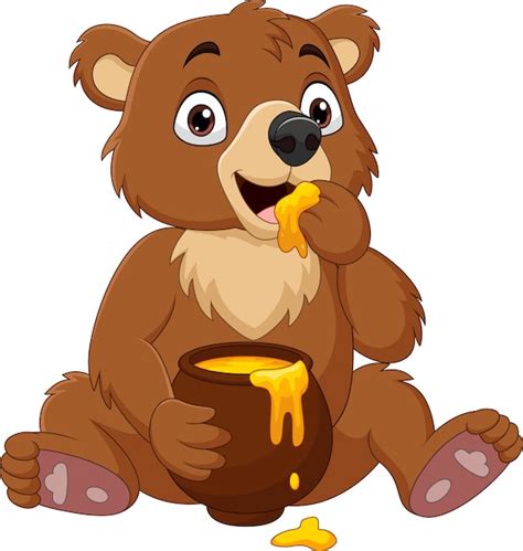 premium vector cartoon baby bear sitting  eating honey   pot