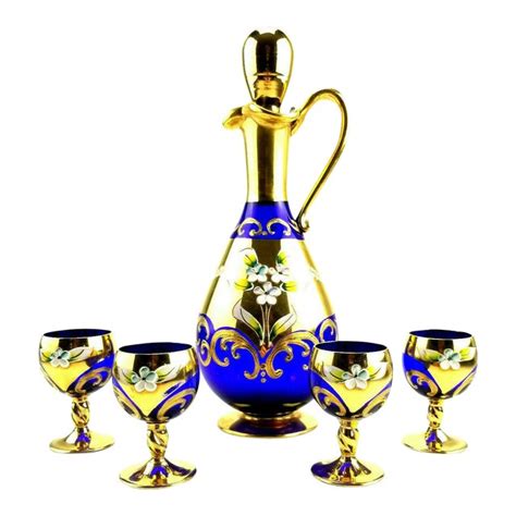 Bohemian Cobalt Blue And Gold Decanter And Cordial Glass Set Chairish