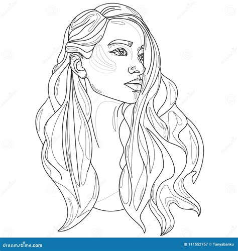 portrait   girl  long hair vector  black  white stock