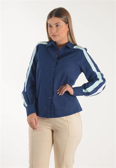 camisa mamorena de cambraia com listras manga azul marinho compre