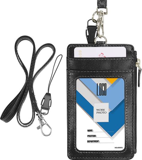 badge holder  zipper  lanyard wisdompro  sided pu leather id badge holder  side