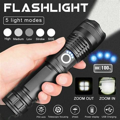 lumens powerful flashlight usb rechargeable waterproof xhp searchlight super bright