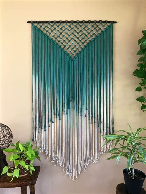 extra large macrame wall hanging    hand dyed ombre teal cotton rope  hung