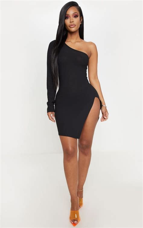 Shape Black One Shoulder Split Bodycon Dress Black Women Fashion
