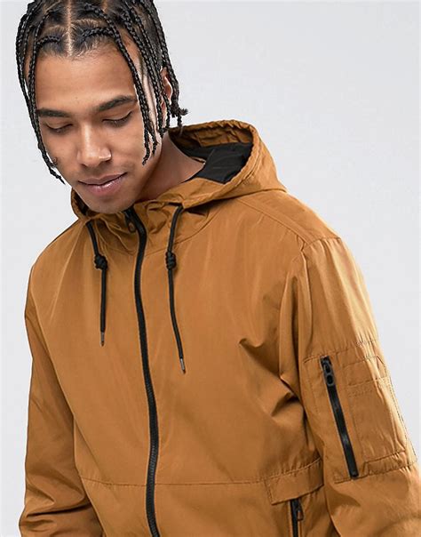 bershka synthetic hooded bomber jacket  tan  brown  men lyst