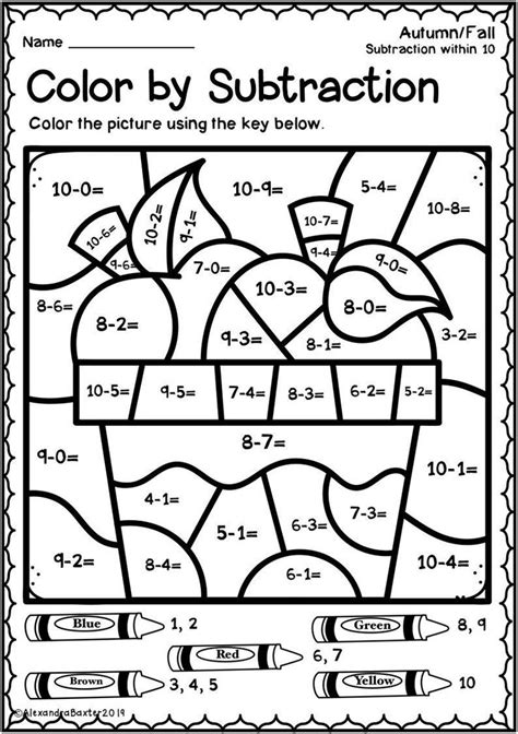 grade math coloring worksheets autumn fall color  subtraction