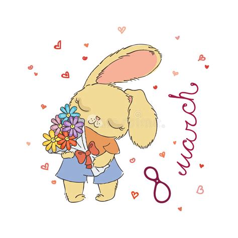 leuk konijntje met bloemen op 8 maart prentbriefkaar voor