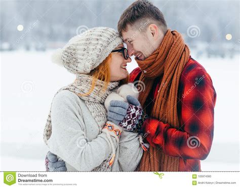 Sensitive Winter Portrait Of The Smiling Loving Couple