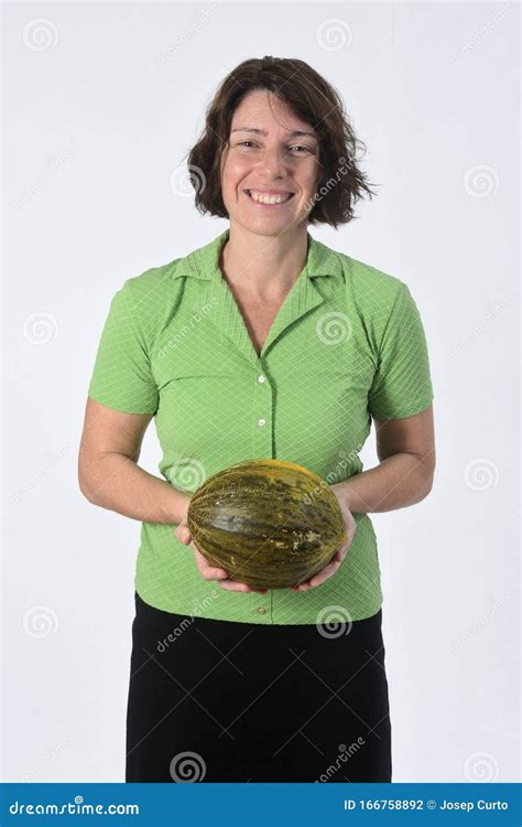 woman  cantaloupe  white background stock photo image