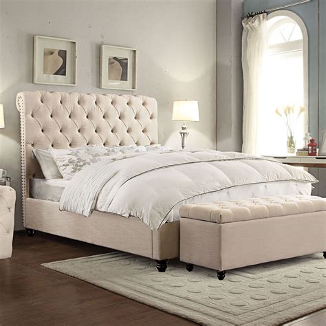diamond sofa chesterfield tufted bed  scrolled headboard  nail head accent sand linen