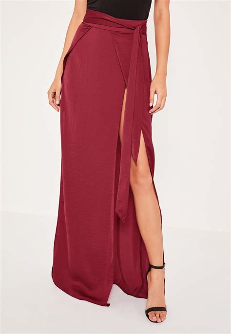 red layered satin double split maxi skirt missguided