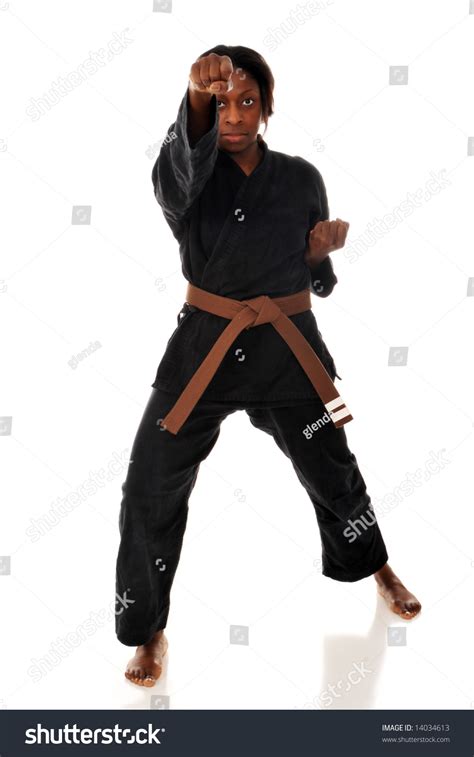 african american woman black karate uniform stock photo