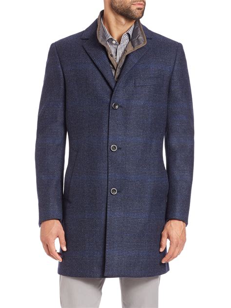 lyst saks fifth avenue plaid wool overcoat in blue for men
