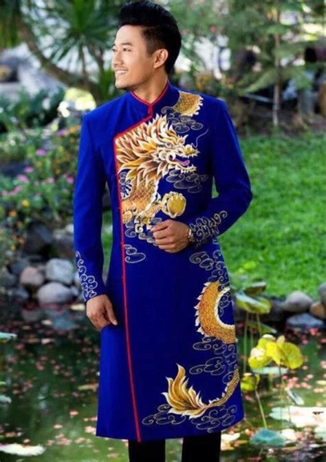 Blue Ao Dai For Men Hand Painted Vietnamese Traditional Long Etsy