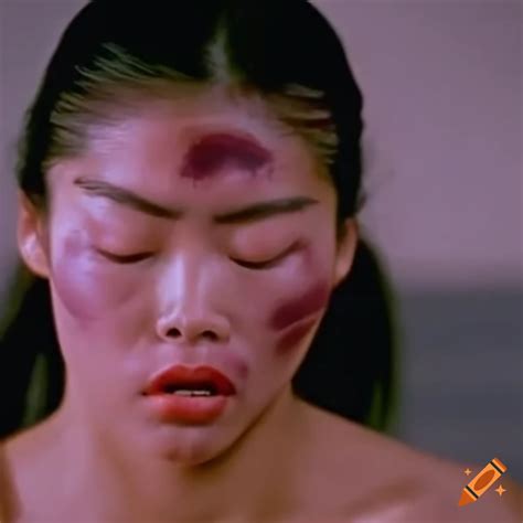 asian american woman tournament fighter with bruised face and closed