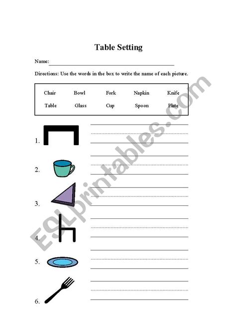 english worksheets table setting
