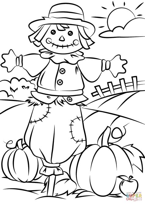 autumn scene  scarecrow super coloring fall leaves coloring pages