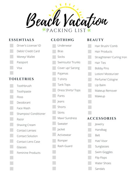 vacation checklist printable