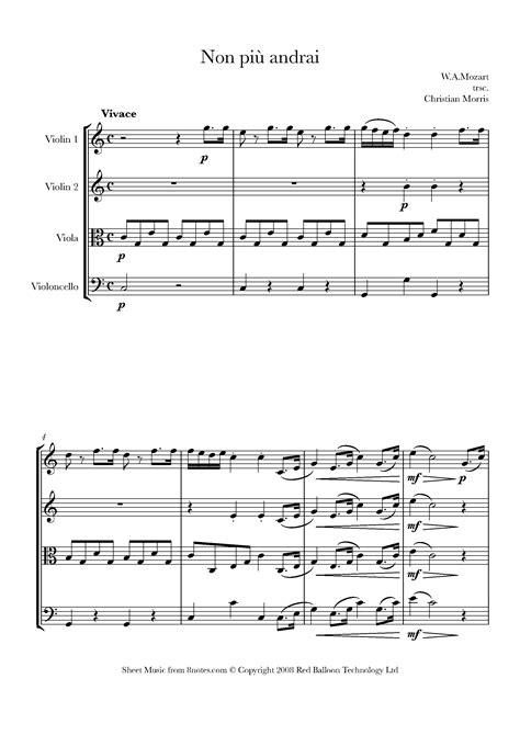 mozart  piu andrai  marriage  figaro sheet   string quartet notescom