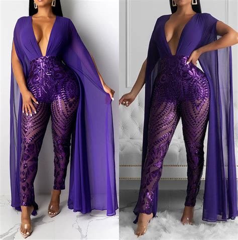 2020 Purple Jumpsuit Evening Dresses With Cape Sexy V Neck