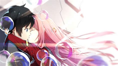 darling in the franxx hiro zero two on side around water bubbles hd
